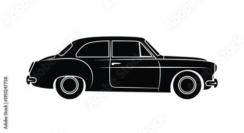 A striking black silhouette depicts a classic vintage automobile showcasing its curved body and distinctive design elements high quality
