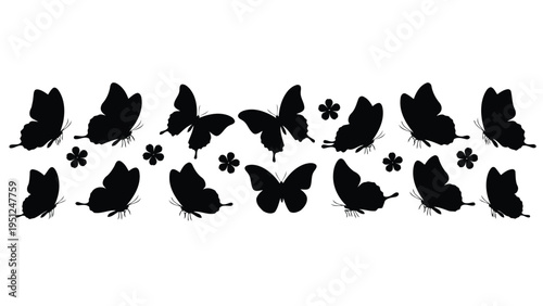 A collection of black butterfly silhouettes with small floral accents