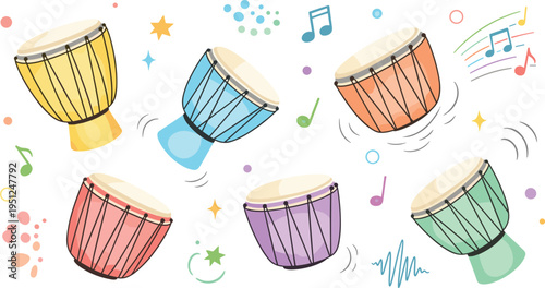Colorful Cartoon Drum Set with Musical Notes and Sound Effects, Fun Percussion Instrument Illustrations for Kids Education, Music Learning, and Creative Design Projects