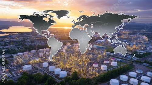 Aerial oil refinery and storage tanks at sunset with transparent world map overlay, illustrating global energy, fuel production, petrochemical industry and the international oil supply chain.