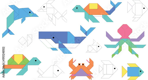 Colorful Tangram Animal Set with Geometric Shapes Including Fish, Crab, Turtle, Dolphin, and Bird, Educational Puzzle Illustrations for Kids Learning and Creative Design