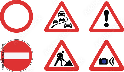 traffic warning and prohibition road sign icons, construction camera speed and danger symbols, transportation safety signage collection vector