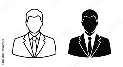 This image depicts two monochrome icons of a man in a suit one outlined and one solid black
