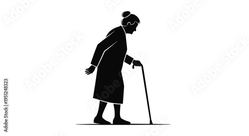 A striking black silhouette depicts an elderly woman walking with a cane suggesting age and fragility high quality professional