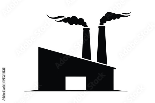 A black silhouette of an industrial factory building with two smokestacks emitting smoke, symbolizing pollution and manufacturing.
