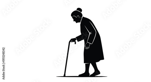 A minimalist black silhouette depicts an elderly woman walking with a cane suggesting age and frailty high quality professional