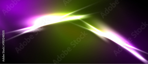 Abstract energy flows, vibrant purple, green hues dominate. Bright streaks radiate, creating dynamic visual impact. Dark background enhances luminosity.