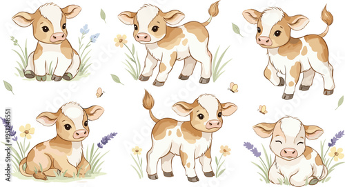 Cute Baby Calf Illustration Set with Farm Animal Characters, Adorable Cow Cartoon Collection in Pastel Colors for Kids Design, Nursery Decor, and Agriculture Themes