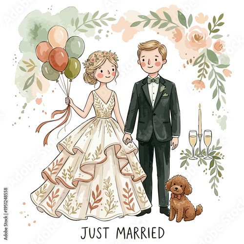 Just married wedding illustration with bride groom and dog. Cute watercolor couple with balloons and poodle for invitation. Whimsical wedding celebration graphic with floral arch and dog