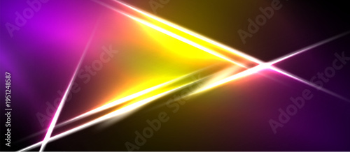 Abstract vibrant lines intersect, creating dynamic light effects. Purple, yellow hues dominate dark background. Modern design.