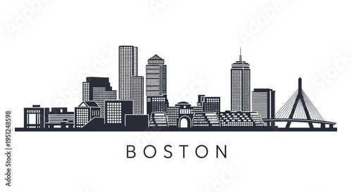 A stylized black and white cityscape illustration depicts the boston skyline including prominent buildings and the iconic zakim bridge