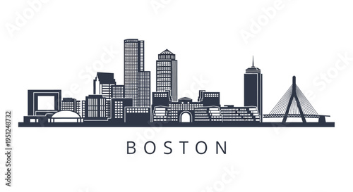 A striking black and white skyline illustration depicts the city of Boston Massachusetts showcasing its iconic buildings and harbor