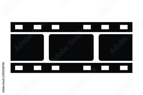 A black film strip icon on a white background, representing cinema, movie production, and filmmaking, with a minimalist and modern design aesthetic.