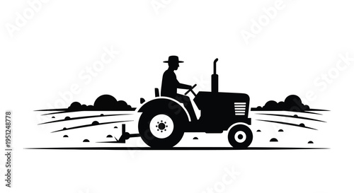 A stark black and white illustration depicts a farmer driving a classic tractor across a field evoking rural life