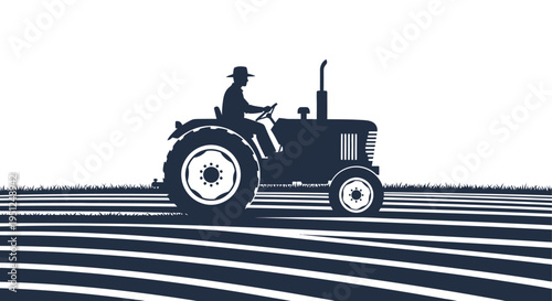 A stylized black silhouette depicts a farmer operating a vintage tractor across a field of horizontal lines high quality
