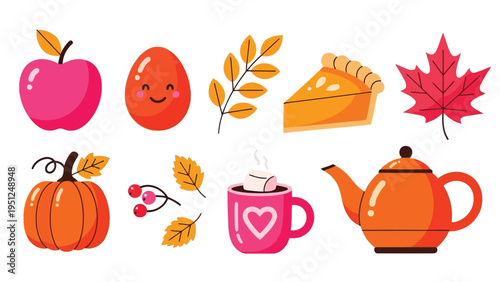 Autumn harvest illustration featuring apples pumpkins leaves and cozy fall drinks