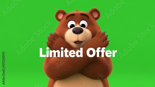 Friendly brown bear character presenting a limited offer with different expressions