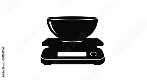 A minimalist black and white illustration depicts a digital kitchen scale with a bowl resting on its platform high quality professional