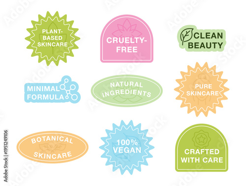 A set of stickers displaying various characteristics of cosmetic products, such as plant-based ingredients, cruelty-free claims, and vegan certification. The sticker design promotes skincare values.