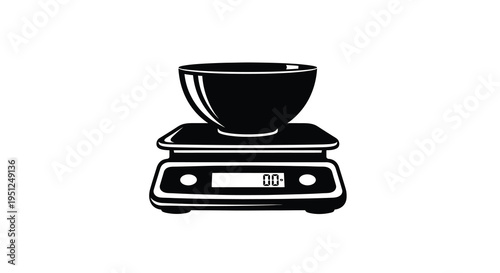 A black and white graphic depicts a digital kitchen scale with a dark bowl positioned centrally on its platform
