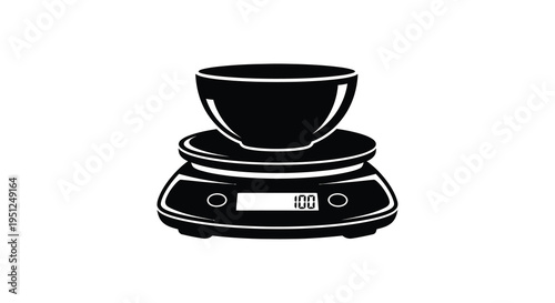 A minimalist black and white depiction of a kitchen scale with a bowl placed on the platform showing 0 0