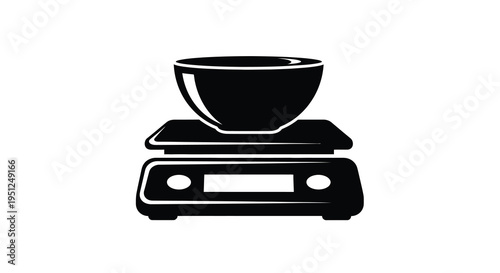 A simplistic black and white illustration depicts a kitchen scale with a bowl placed upon its surface signifying measurement
