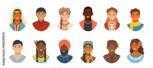 Set of people avatars in traditional clothing isolated on white13. Concept of equality, cultural diversity, friendship, inclusion. Vector flat cliparts.