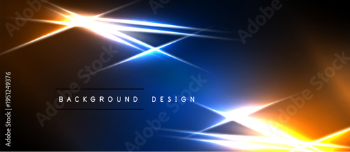 Abstract background features vibrant light streaks. Golden, blue hues create dynamic visual effect. Modern design element.