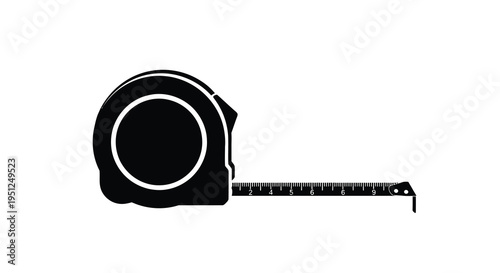A black silhouette depicts a retractable tape measure extending from its circular casing highlighting precision and measurement high quality