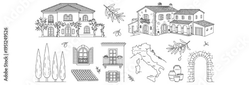 Mediterranean Architecture and Garden Elements Hand Drawn Line Art Vector with Italian Villa, Italy Map, Olive Branches, and Arches