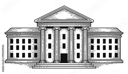 Classical Courthouse Building, Office Facade with Columns Line Art Illustration