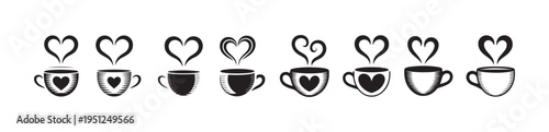 Coffee cup heart steam icons set black white cafe mugs symbols collection morning drink love concept