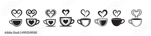 Heart steam coffee cup icons vector set black and white cafe mug illustrations decorative tea cups