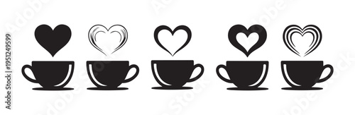 Coffee cup silhouette icons set with heart steam shapes vector black cafe mug collection flat art