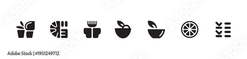 Nutrition and healthy eating icons featuring plant pots fruit basket cutlery and bowls