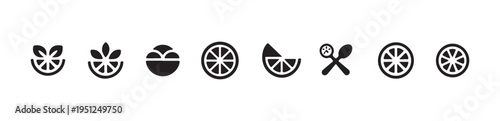 Fresh fruit icons including lemon slices fruit bowl and cutlery on white background