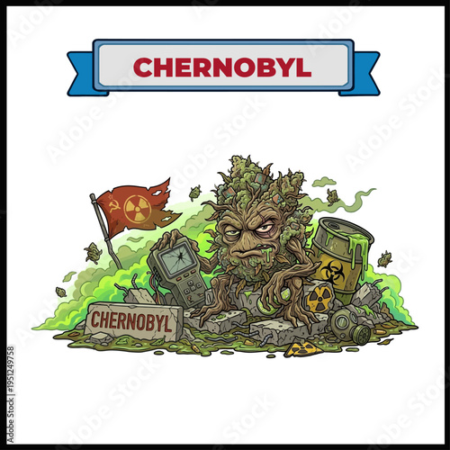 Chernobyl marijuana strain illustration. Nuclear mutant plant character in a toxic fallout zone with radioactive symbols and green smoke