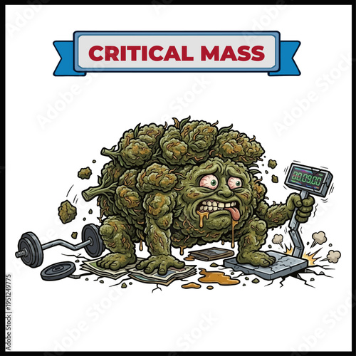 Critical Mass marijuana strain illustration. Giant, powerful plant monster character representing high yield and heavy weight