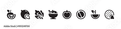 Fresh produce fruits vegetables and dietary restrictions black glyph icons set showing health and allergy