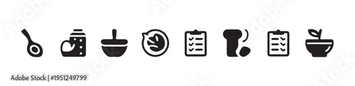 Cooking recipe preparation black glyph icons set showing kitchen tools measurement planning and ingredients