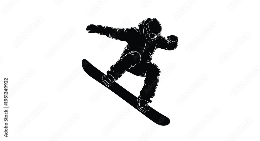 Fototapeta premium A dynamic silhouette depicts a snowboarder mid air executing a trick with impressive agility and style on snow high quality