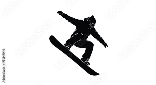 A silhouetted snowboarder is captured mid air performing a dynamic trick against a stark white backdrop high quality professional detailed