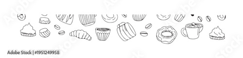 Coffee break doodle border with hand drawn pastry croissant and caffeine beans on white background