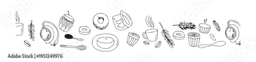 Breakfast menu with coffee and desserts hand drawn sketch style black and white outline doodle
