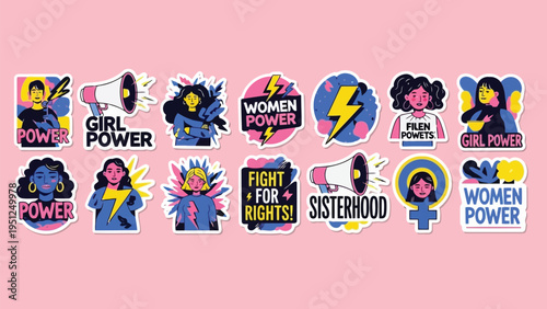 Colorful sticker set featuring feminist slogans and empowering women illustrations