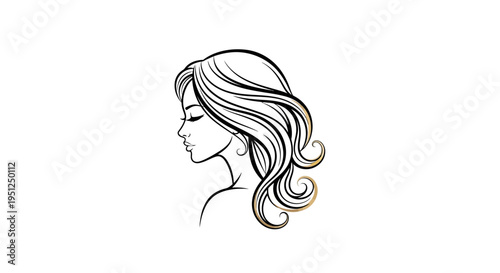 Graceful Woman Profile with Long Wavy Hair Line Art on Isolated White Background