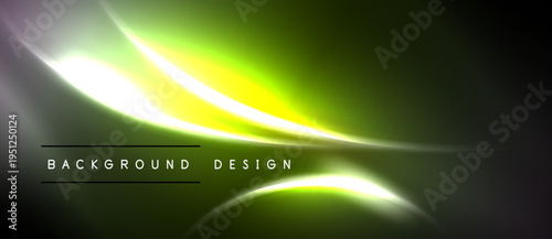 Abstract design features vibrant green, yellow glows. Smooth curves create dynamic visual effect against dark backdrop. Modern, sleek presentation.