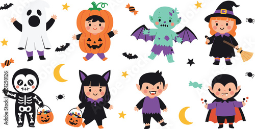 Cute Halloween Kids Costume Characters Set with Ghost, Witch, Vampire, Pumpkin, Bat and Monster, Fun Cartoon Trick or Treat Illustrations for Party and Design