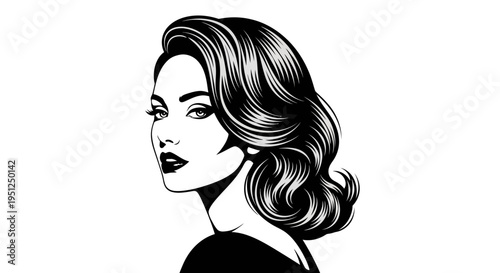 Elegant woman's head with beautifully styled wavy hair, dark lips, and a pearl earring, looking back with an alluring, confident gaze on an isolated white background.