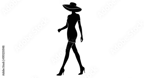 Elegant woman in a stylish hat and tight dress, walking gracefully in high heels in a slim silhouette on an isolated white background.